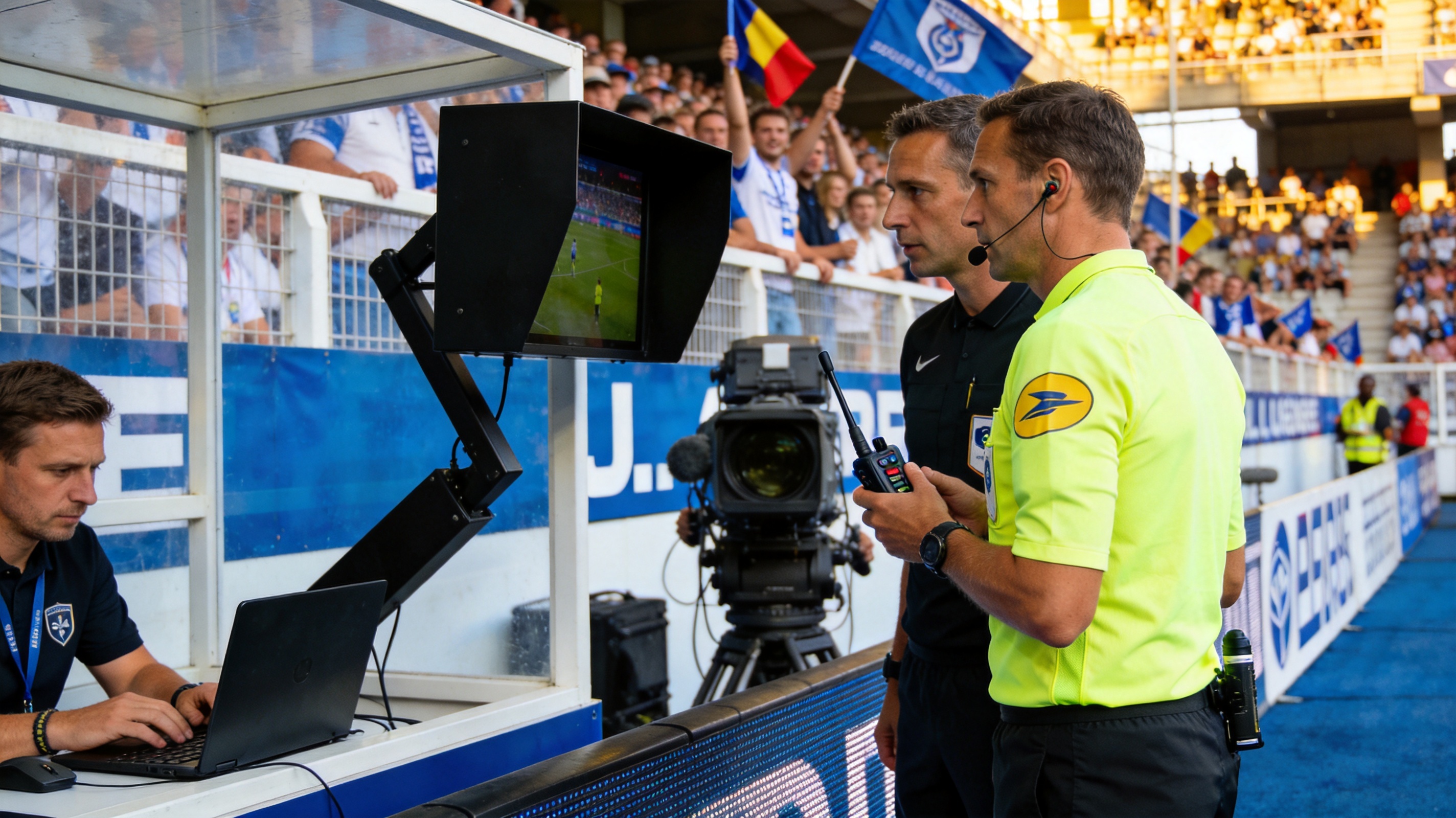 足球比赛中裁判与视频助理裁判沟通判罚的场面